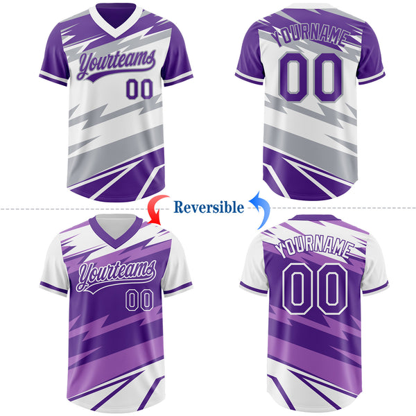 Custom Purple White Lightning Geometric Zigzag Reversible Pullover Baseball Jersey Shirt