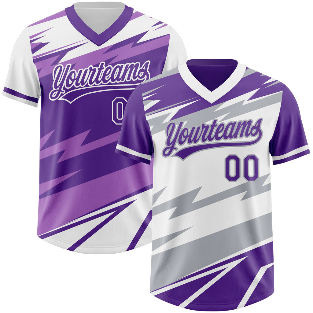 Custom Purple White Lightning Geometric Zigzag Reversible Pullover Baseball Jersey Shirt