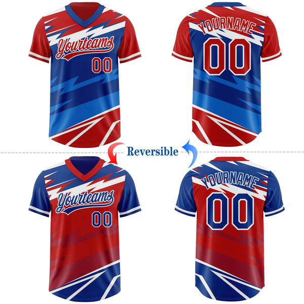 Custom Red Royal Lightning Geometric Zigzag Reversible Pullover Baseball Jersey Shirt