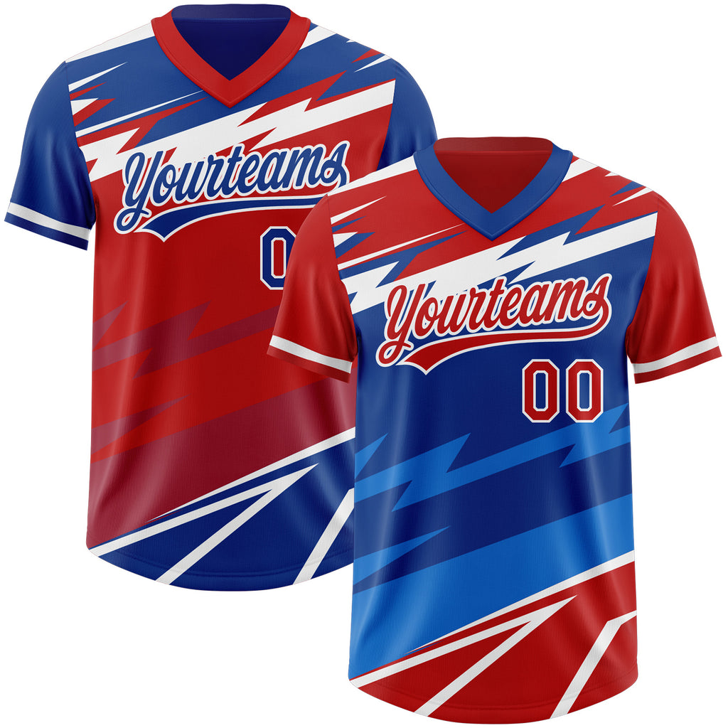 Custom Red Royal Lightning Geometric Zigzag Reversible Pullover Baseball Jersey Shirt