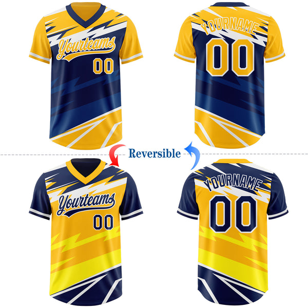 Custom Gold Navy Lightning Geometric Zigzag Reversible Pullover Baseball Jersey Shirt