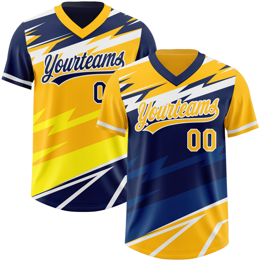 Custom Gold Navy Lightning Geometric Zigzag Reversible Pullover Baseball Jersey Shirt