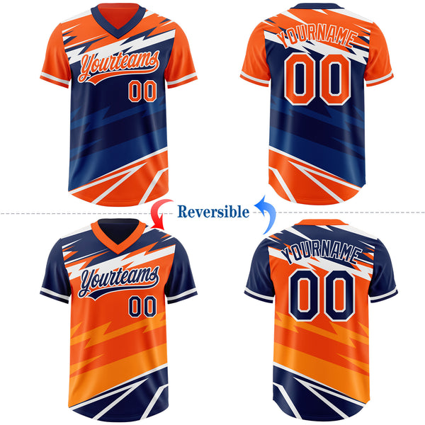 Custom Orange Navy Lightning Geometric Zigzag Reversible Pullover Baseball Jersey Shirt