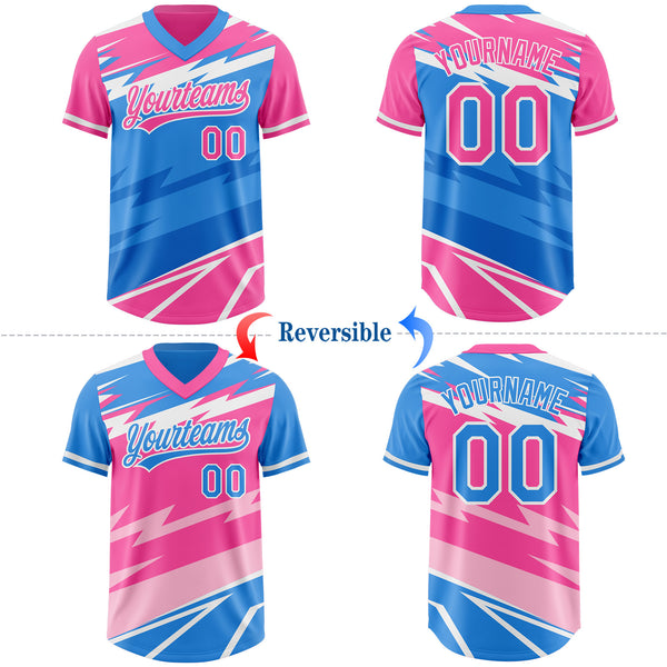 Custom Pink Electric Blue Lightning Geometric Zigzag Reversible Pullover Baseball Jersey Shirt