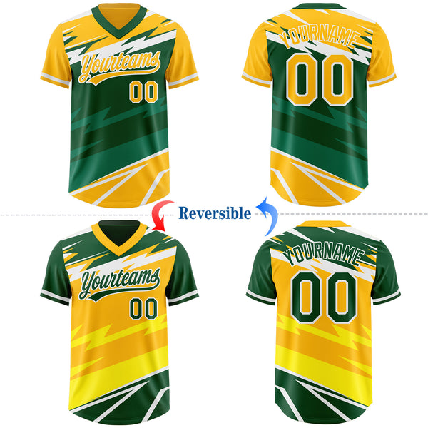 Custom Gold Green Lightning Geometric Zigzag Reversible Pullover Baseball Jersey Shirt