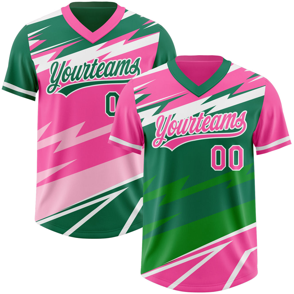 Custom Pink Kelly Green Lightning Geometric Zigzag Reversible Pullover Baseball Jersey Shirt
