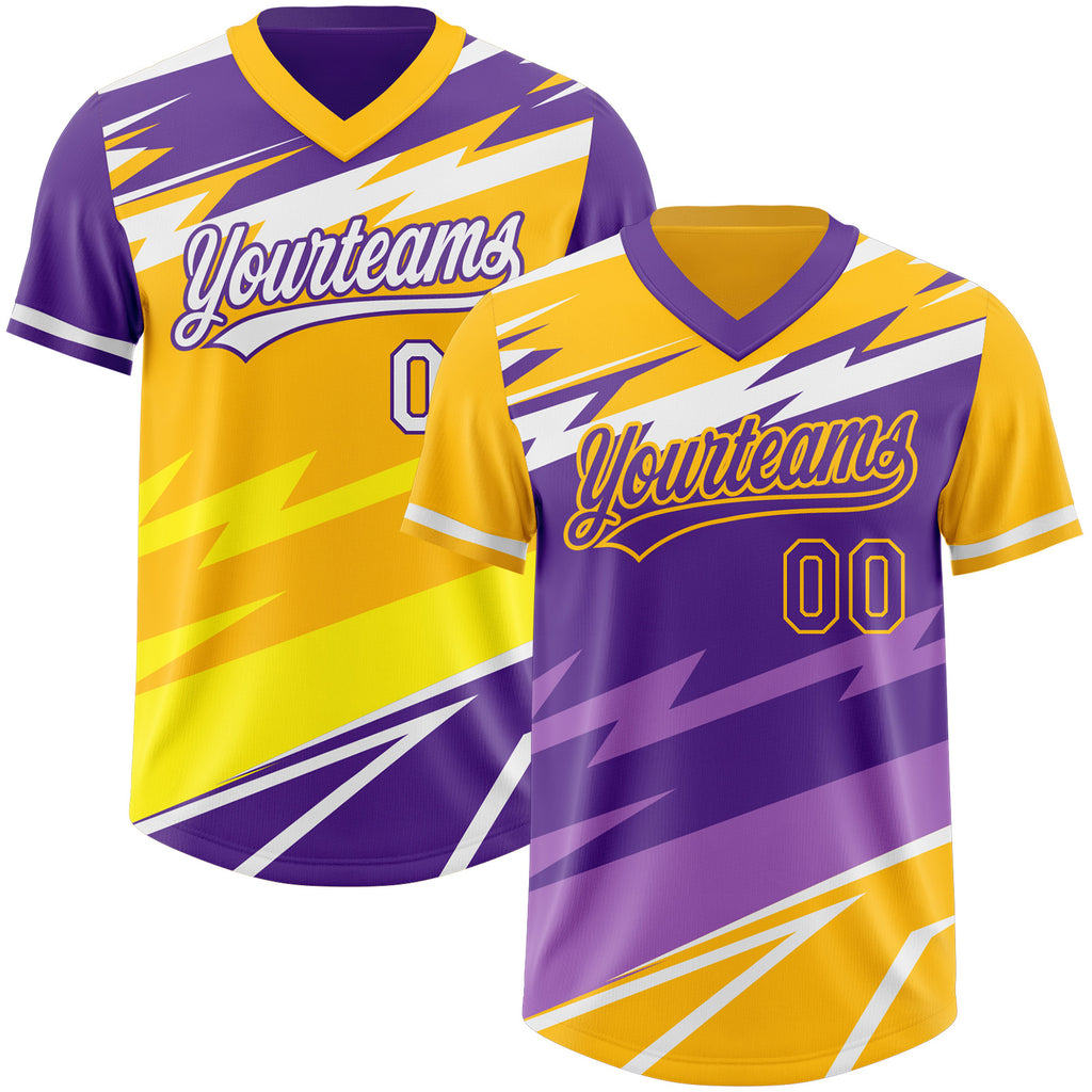 Custom Gold Purple Lightning Geometric Zigzag Reversible Pullover Baseball Jersey Shirt