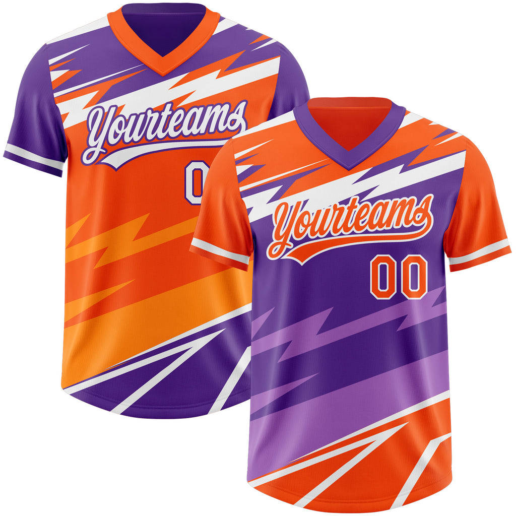 Custom Orange Purple Lightning Geometric Zigzag Reversible Pullover Baseball Jersey Shirt