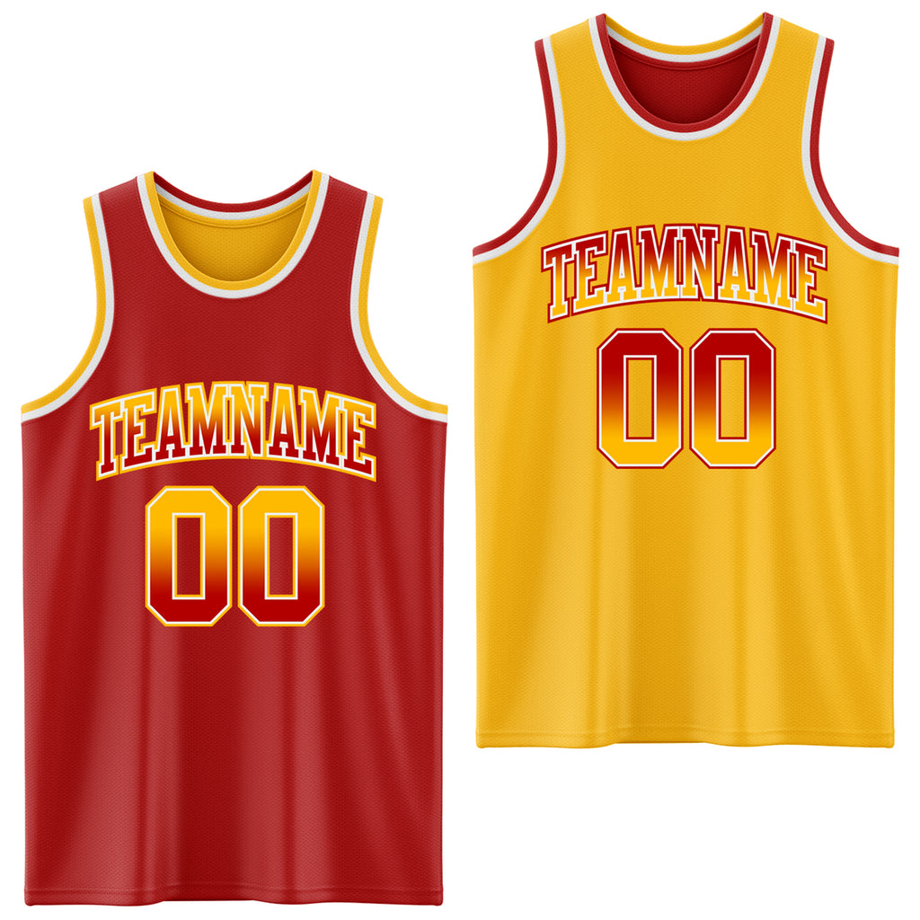 Custom Red Gold Fade Fashion Reversible Double Side Sublimation Basketball Set Jersey