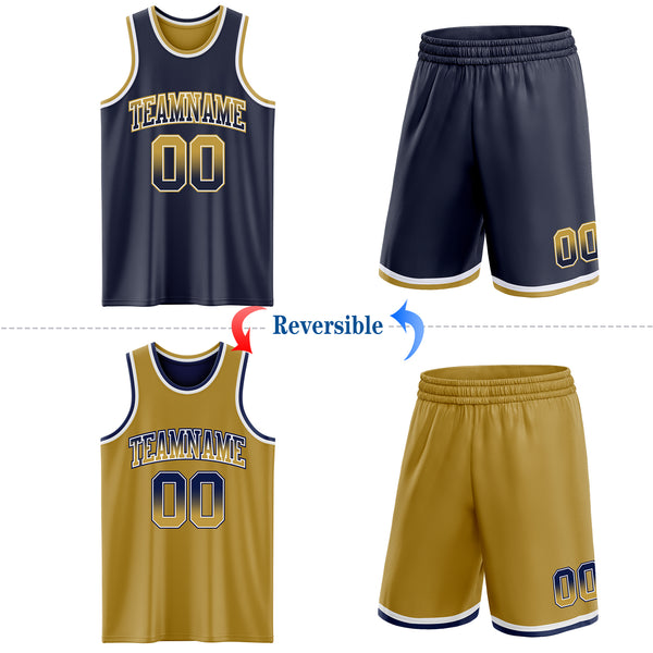 Custom Navy Old Gold Fade Fashion Reversible Double Side Sublimation Basketball Set Jersey
