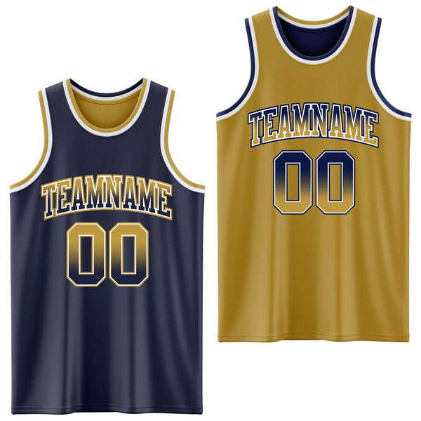 Custom Navy Old Gold Fade Fashion Reversible Double Side Sublimation Basketball Set Jersey