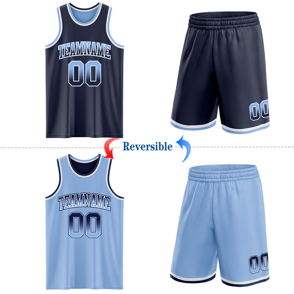 Custom Navy Light Blue Fade Fashion Reversible Double Side Sublimation Basketball Set Jersey