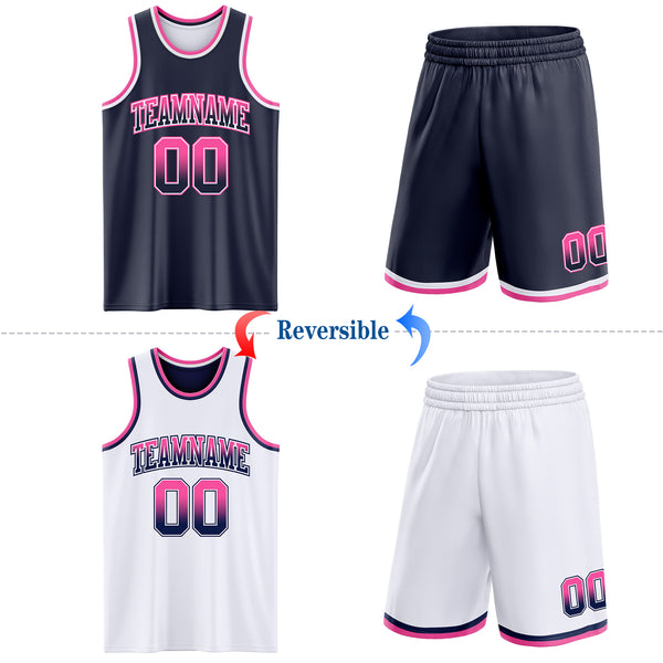 Custom Navy White Fade Fashion Reversible Double Side Sublimation Basketball Set Jersey