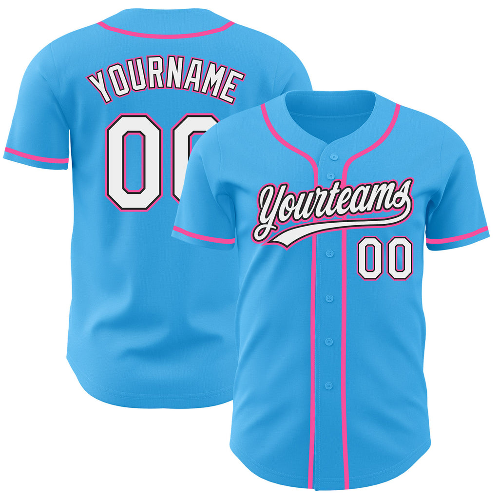 Custom Sky Blue White Black-Pink Authentic Baseball Jersey