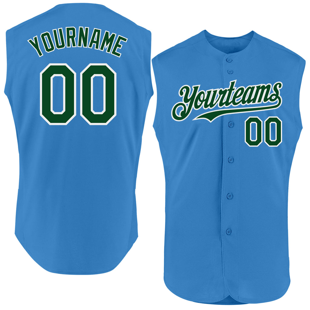 Custom Powder Blue Green-White Authentic Sleeveless Baseball Jersey