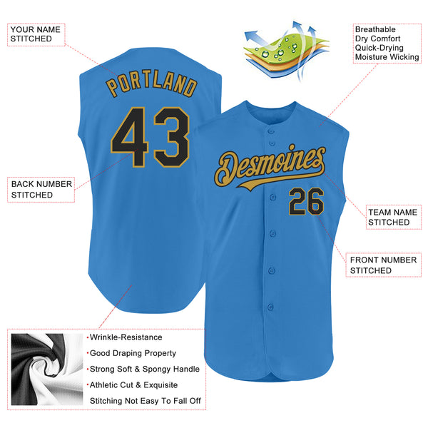 Custom Powder Blue Black-Old Gold Authentic Sleeveless Baseball Jersey