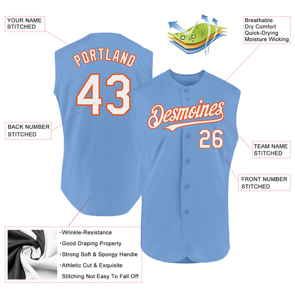 Custom Light Blue White-Orange Authentic Sleeveless Baseball Jersey
