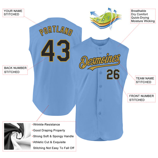 Custom Light Blue Black-Old Gold Authentic Sleeveless Baseball Jersey
