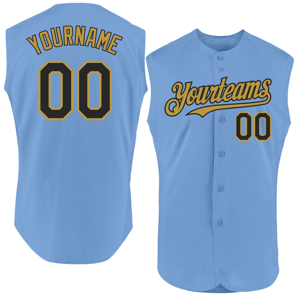 Custom Light Blue Black-Old Gold Authentic Sleeveless Baseball Jersey