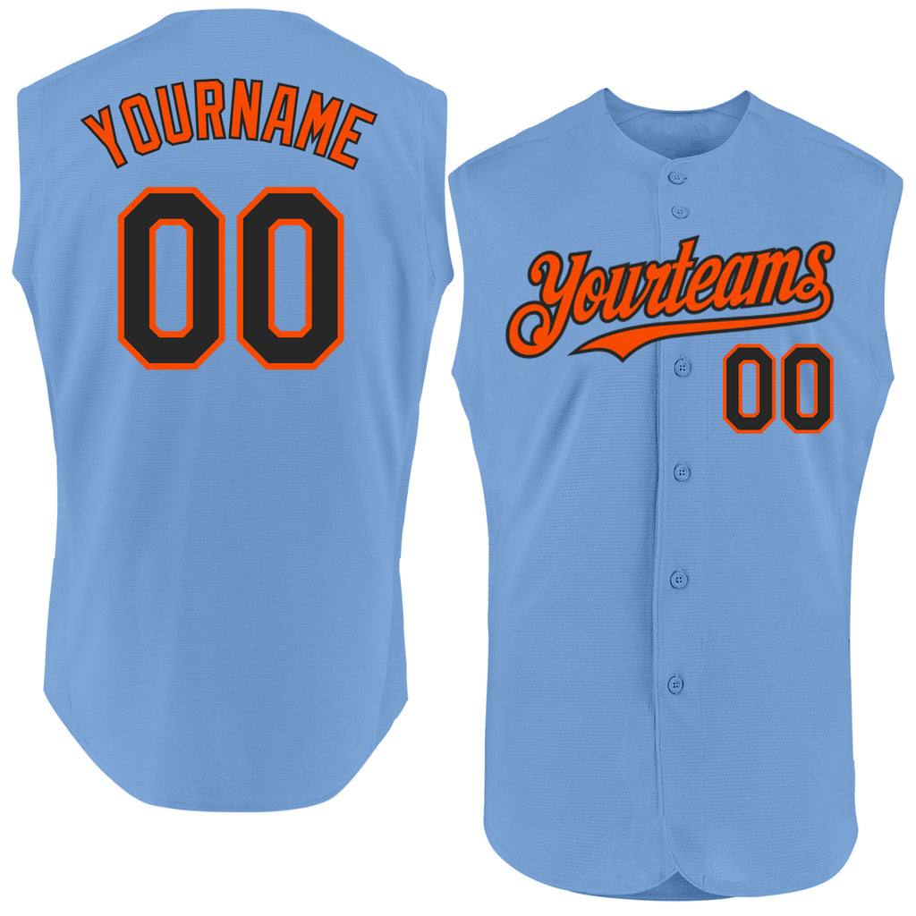 Custom Light Blue Black-Orange Authentic Sleeveless Baseball Jersey