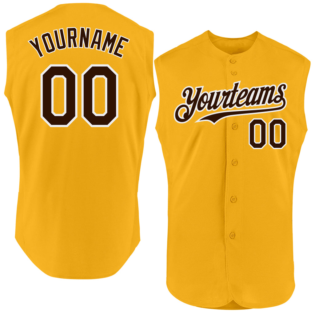 Custom Gold Brown-White Authentic Sleeveless Baseball Jersey