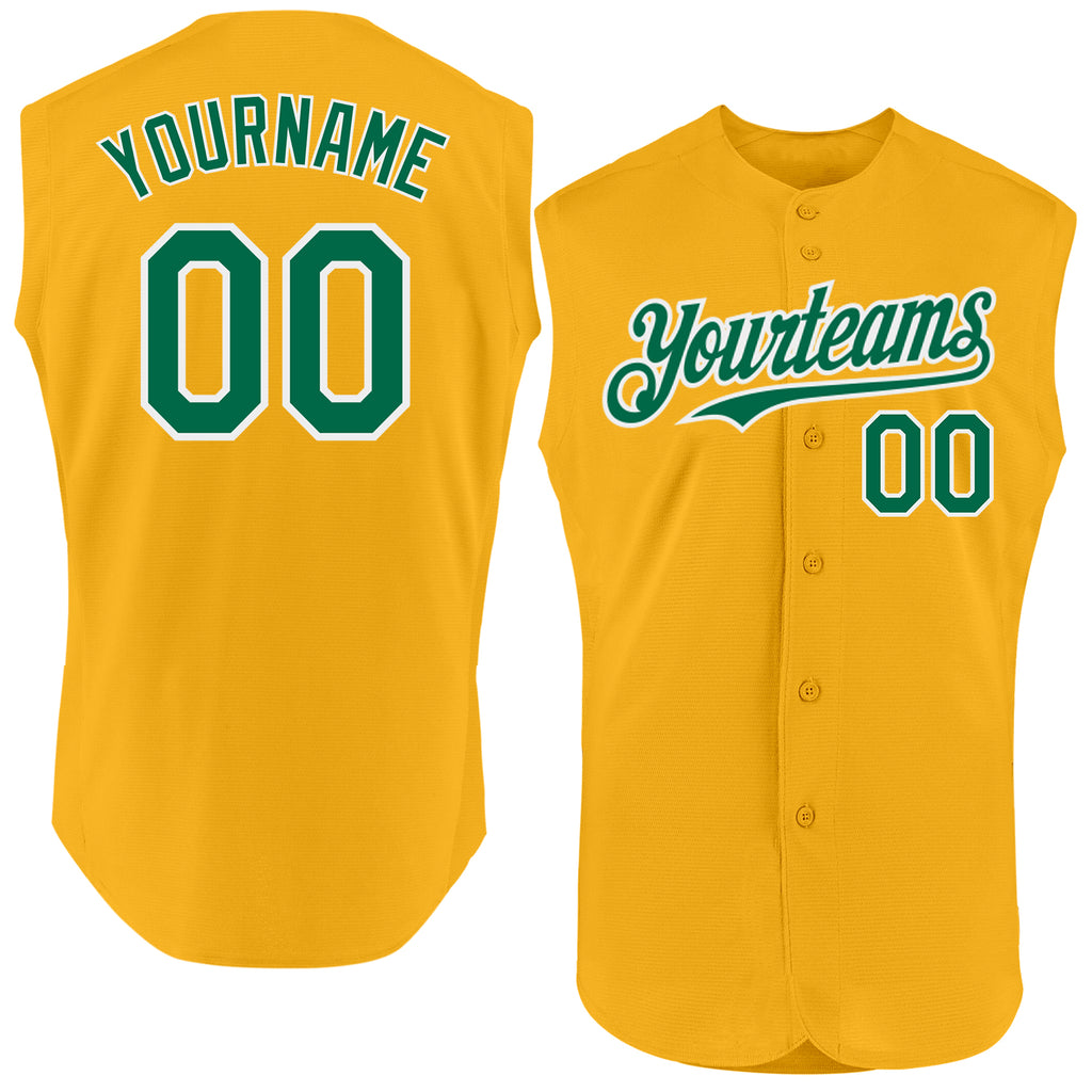 Custom Gold Kelly Green-White Authentic Sleeveless Baseball Jersey