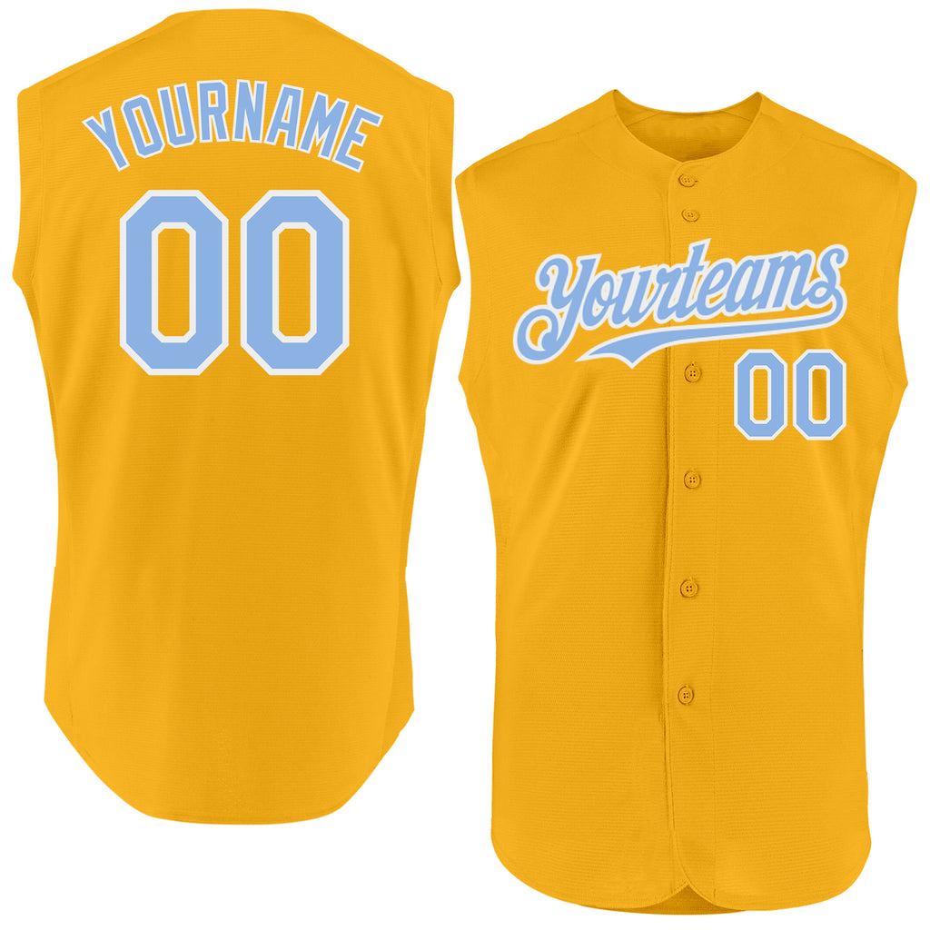 Custom Gold Light Blue-White Authentic Sleeveless Baseball Jersey