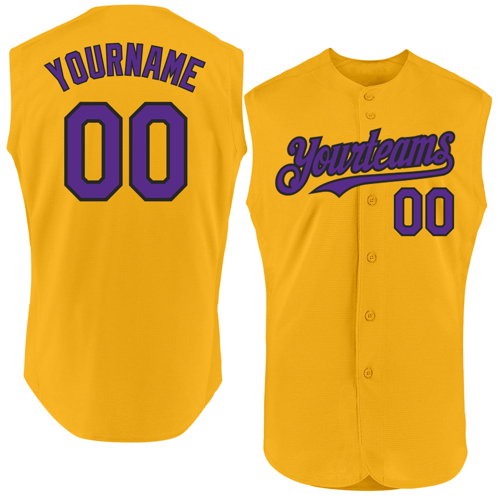 Custom Gold Purple-Black Authentic Sleeveless Baseball Jersey