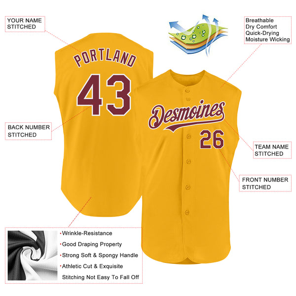 Custom Gold Burgundy-White Authentic Sleeveless Baseball Jersey