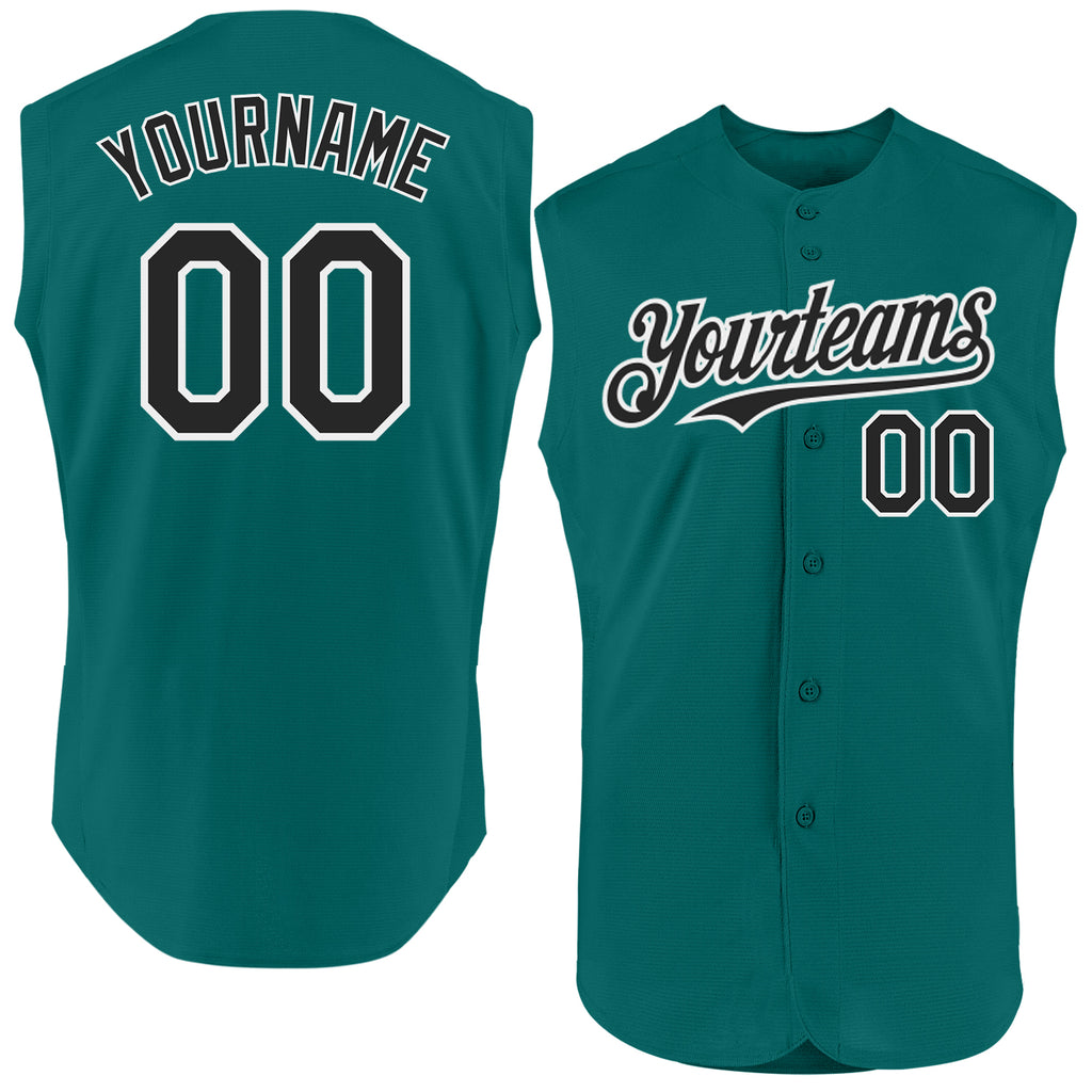 Custom Teal Black-White Authentic Sleeveless Baseball Jersey