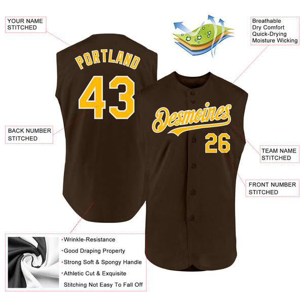 Custom Brown Gold-White Authentic Sleeveless Baseball Jersey