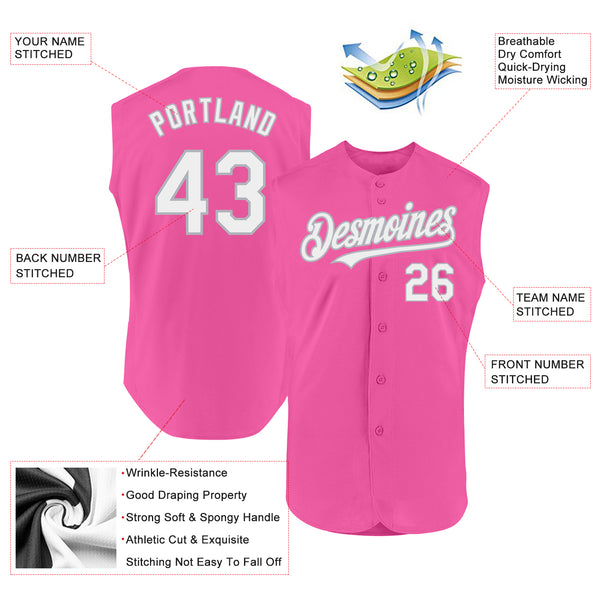 Custom Pink White-Gray Authentic Sleeveless Baseball Jersey