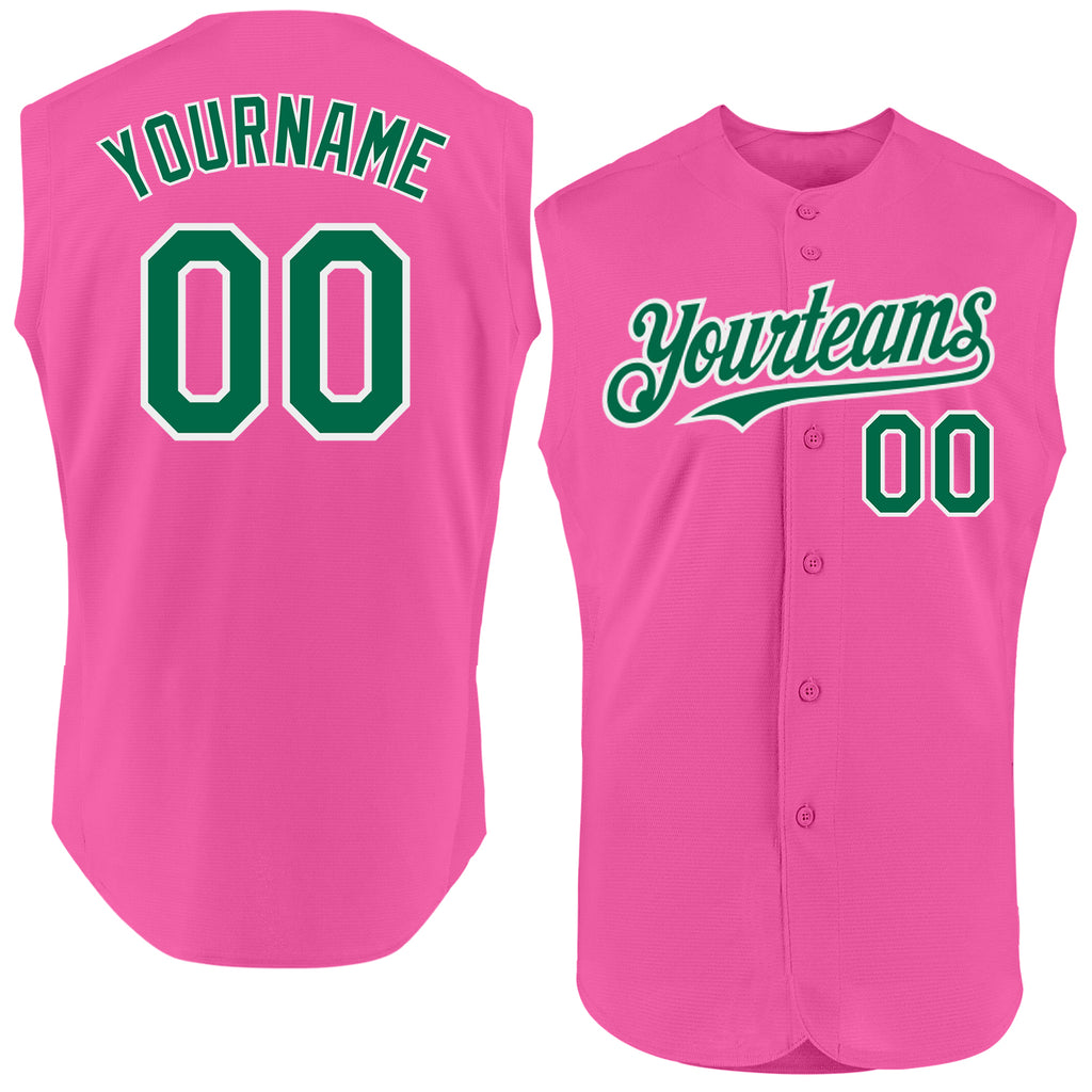 Custom Pink Kelly Green-White Authentic Sleeveless Baseball Jersey