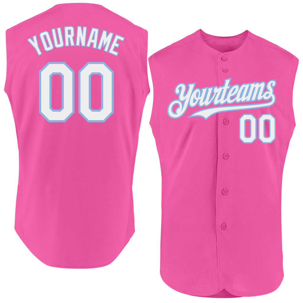 Custom Pink White-Light Blue Authentic Sleeveless Baseball Jersey