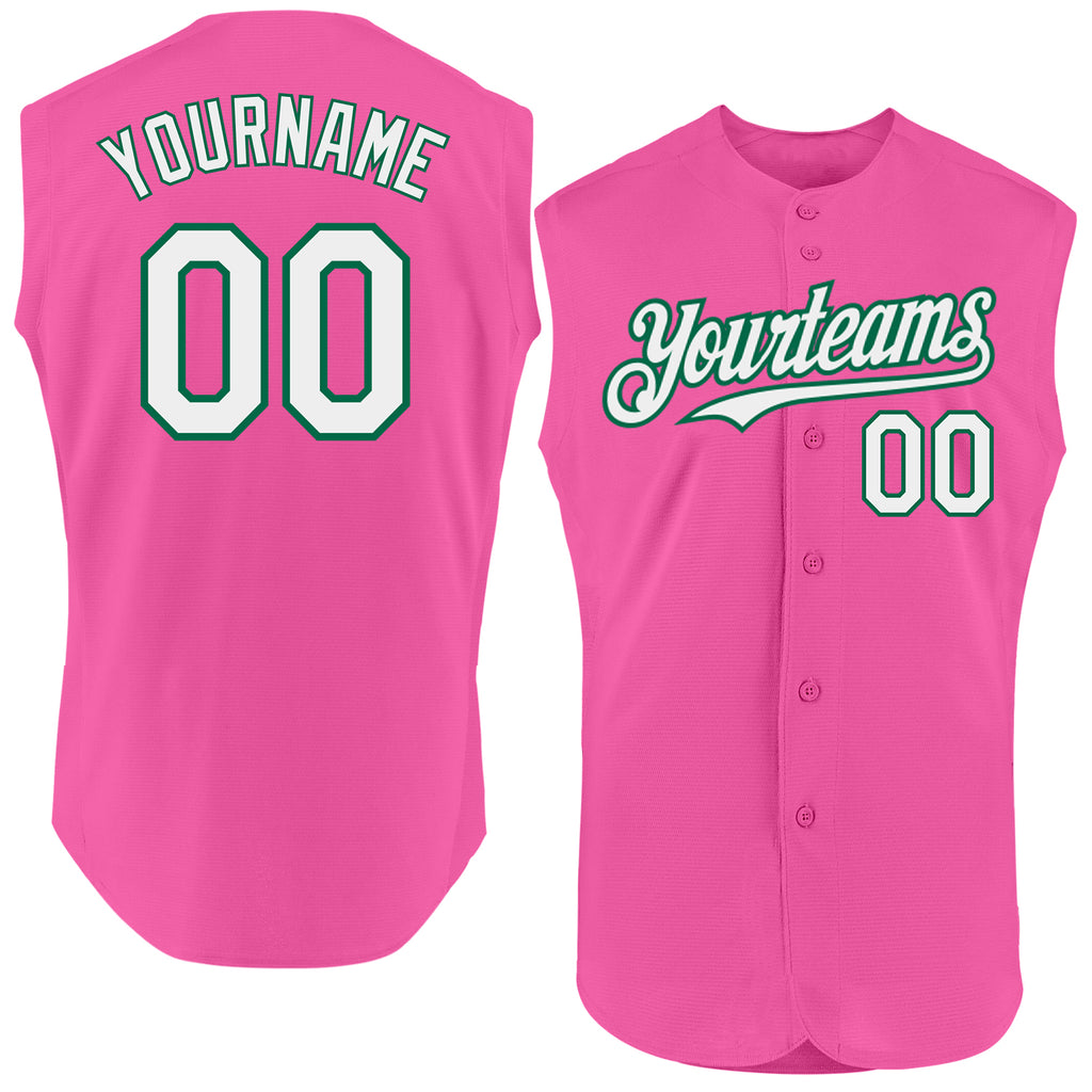 Custom Pink White-Kelly Green Authentic Sleeveless Baseball Jersey