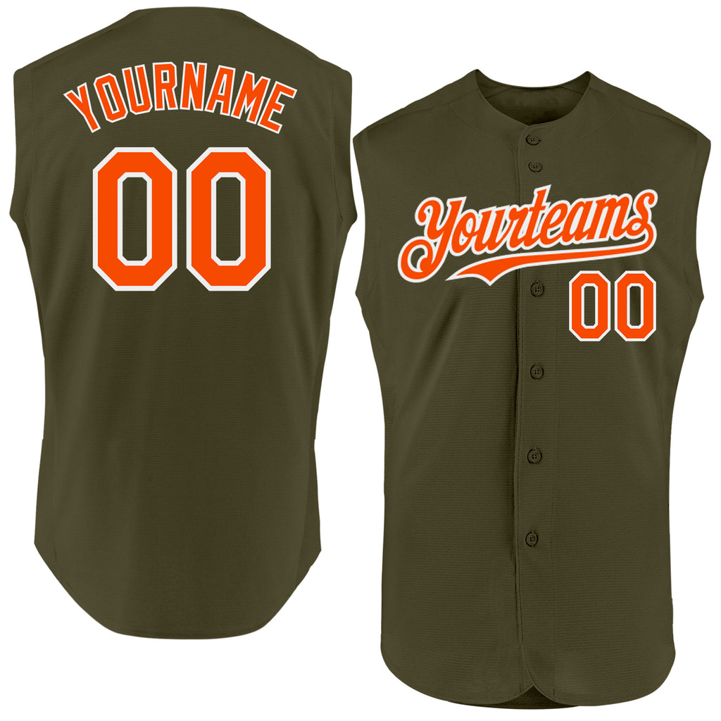 Custom Olive Orange-White Authentic Sleeveless Salute To Service Baseball Jersey