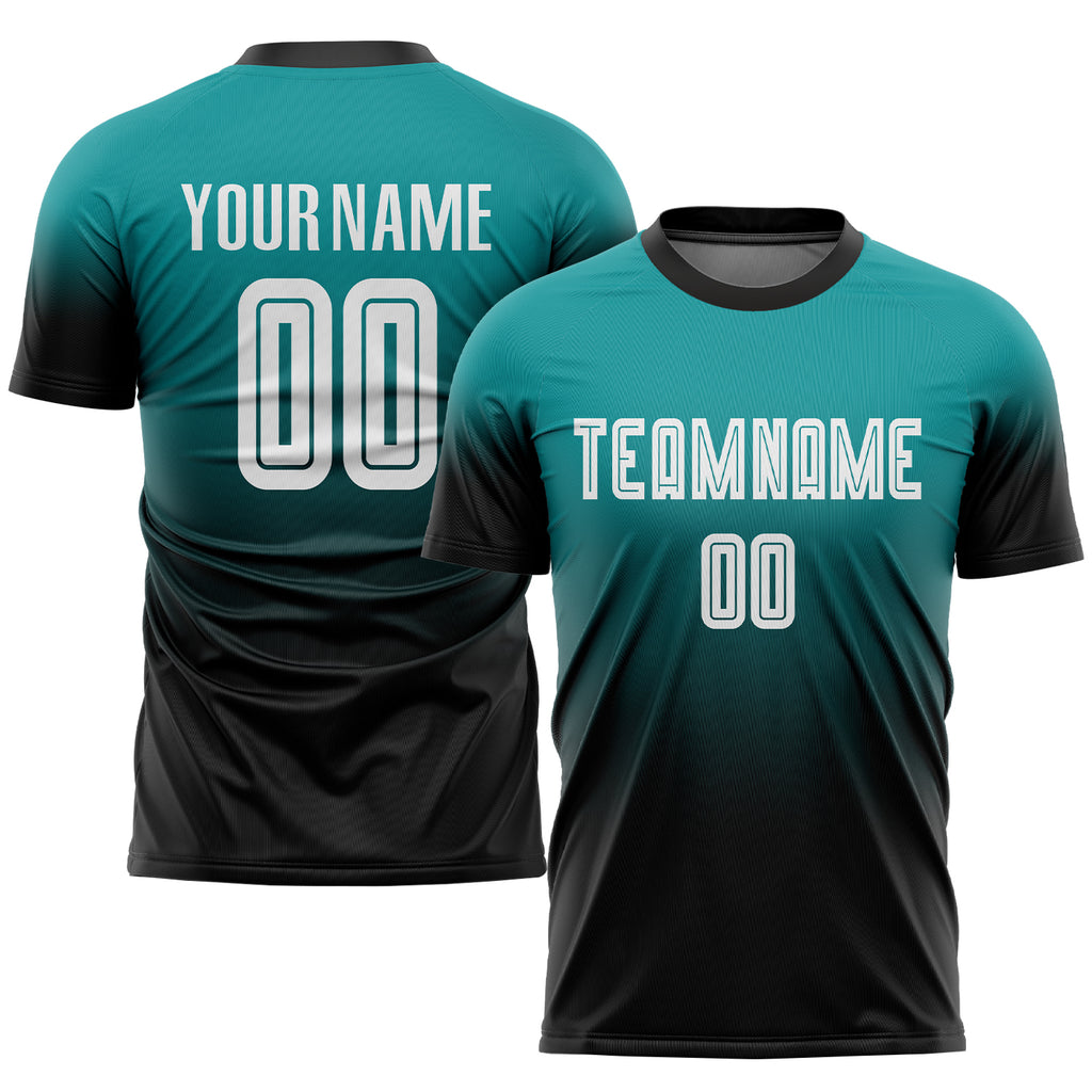 Custom Teal  White-Black Sublimation Fade Fashion Soccer Uniform Jersey