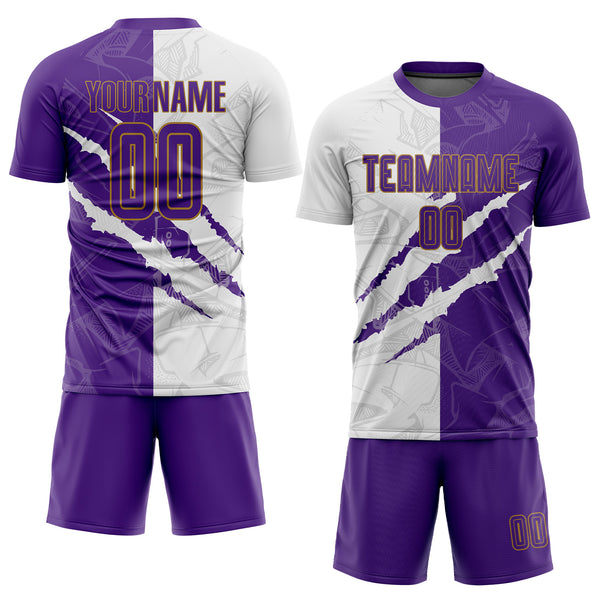 Custom Graffiti Pattern Purple White-Old Gold Scratch Sublimation Soccer Uniform Jersey