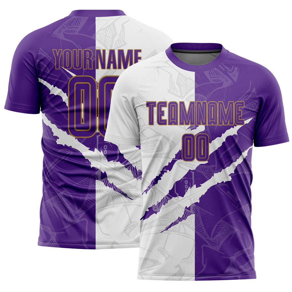 Custom Graffiti Pattern Purple White-Old Gold Scratch Sublimation Soccer Uniform Jersey
