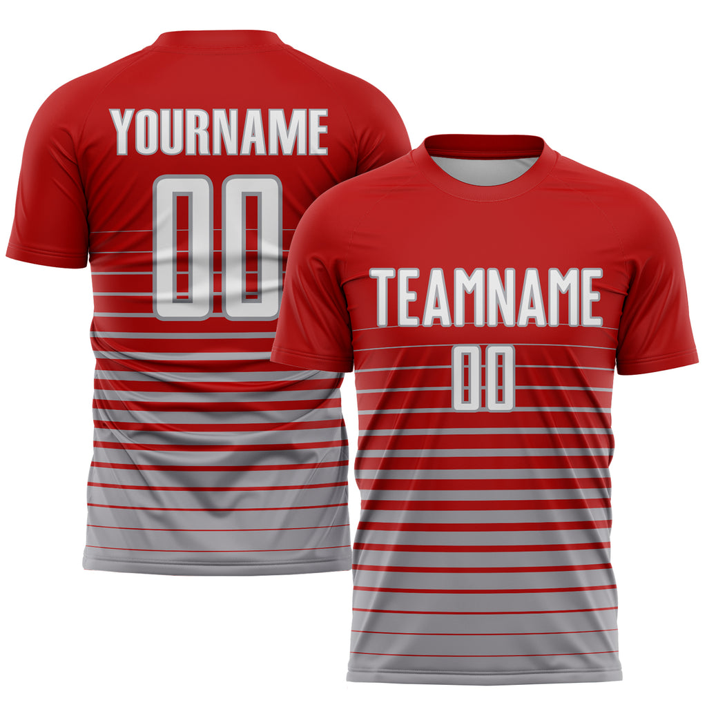 Custom Red White-Gray Pinstripe Fade Fashion Sublimation Soccer Uniform Jersey