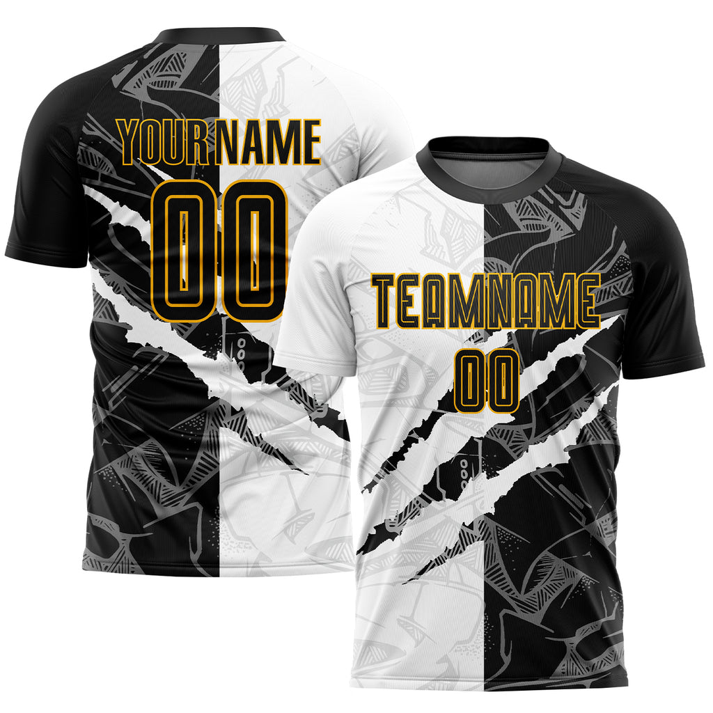 Custom Graffiti Pattern Black-Gold Scratch Sublimation Soccer Uniform Jersey