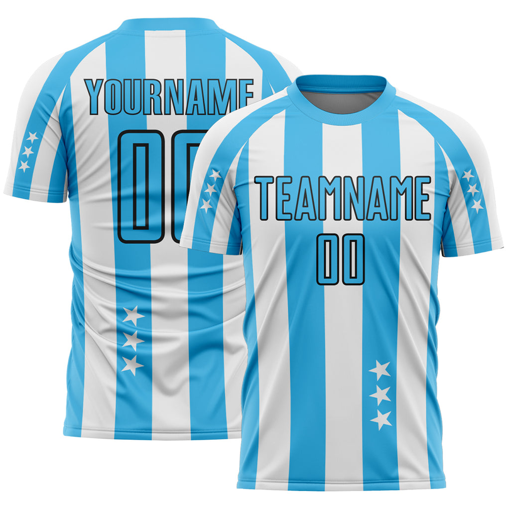 Custom White Sky Blue-Black Stars And Stripes Sublimation Soccer Uniform Jersey