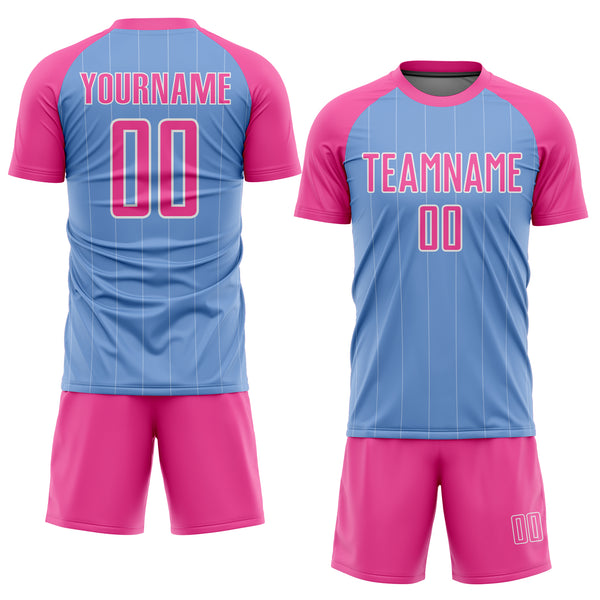 Custom Light Blue Pink-White Pinstripe Sublimation Soccer Uniform Jersey