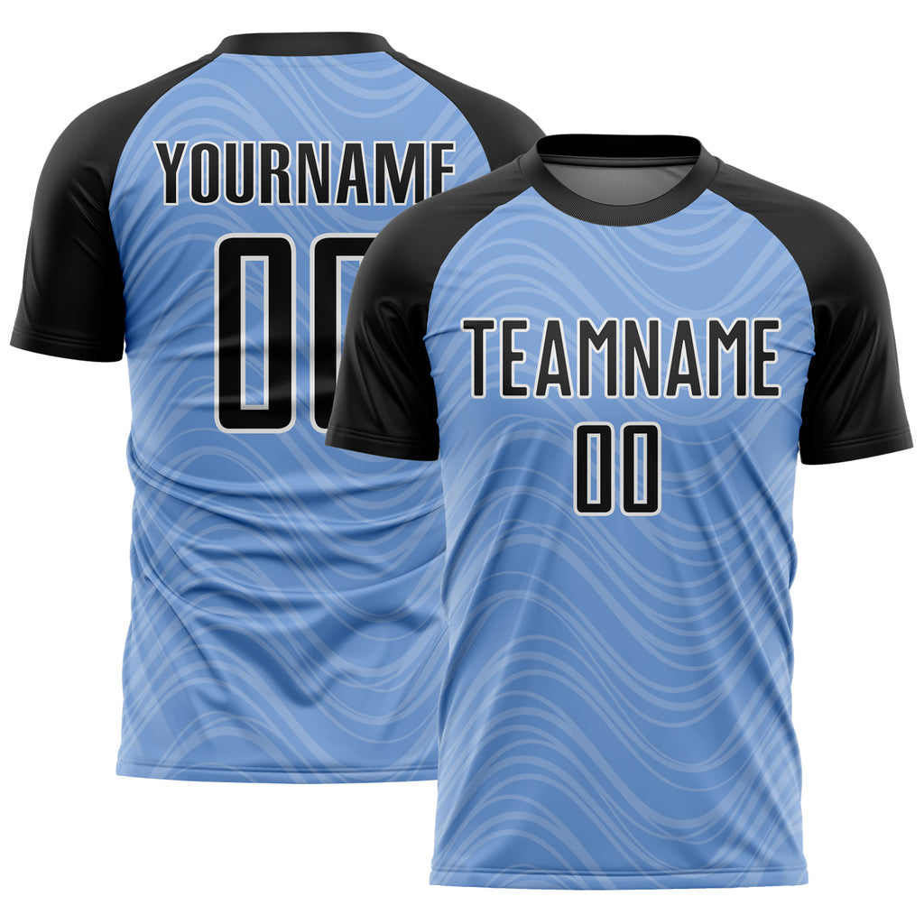 Custom Light Blue Black-White Wavy Lines Sublimation Soccer Uniform Jersey