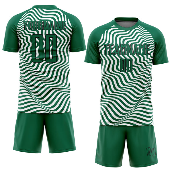 Custom Kelly Green Black-White Wavy Lines Sublimation Soccer Uniform Jersey