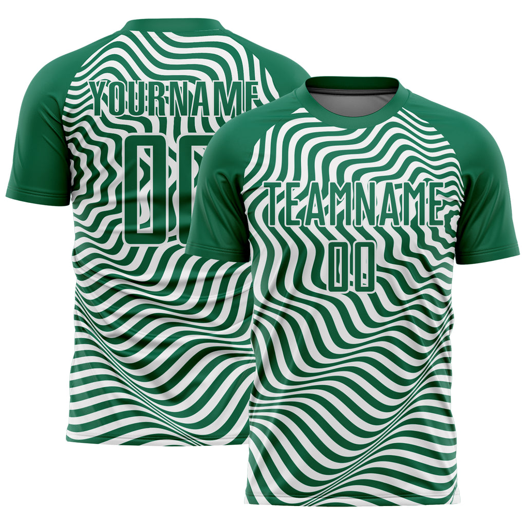 Custom Kelly Green Black-White Wavy Lines Sublimation Soccer Uniform Jersey