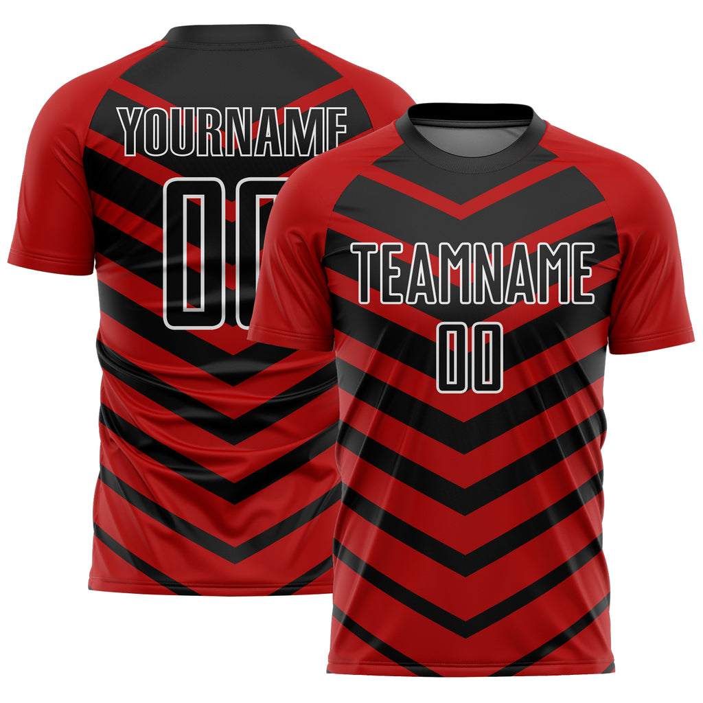 Custom Black Red-White Arrow Shapes Sublimation Soccer Uniform Jersey