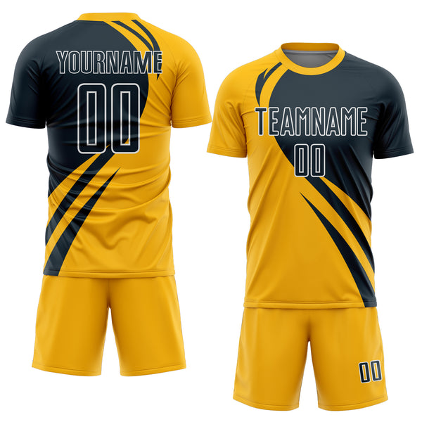 Custom Gold Navy-White Curve Lines Sublimation Soccer Uniform Jersey