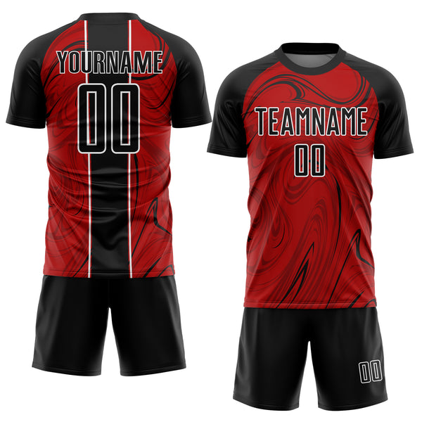Custom Red Black-White Abstract Fluid Sublimation Soccer Uniform Jersey
