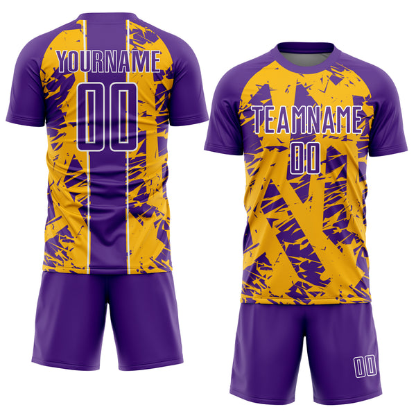 Custom Purple Gold-White Irregular Shapes Sublimation Soccer Uniform Jersey